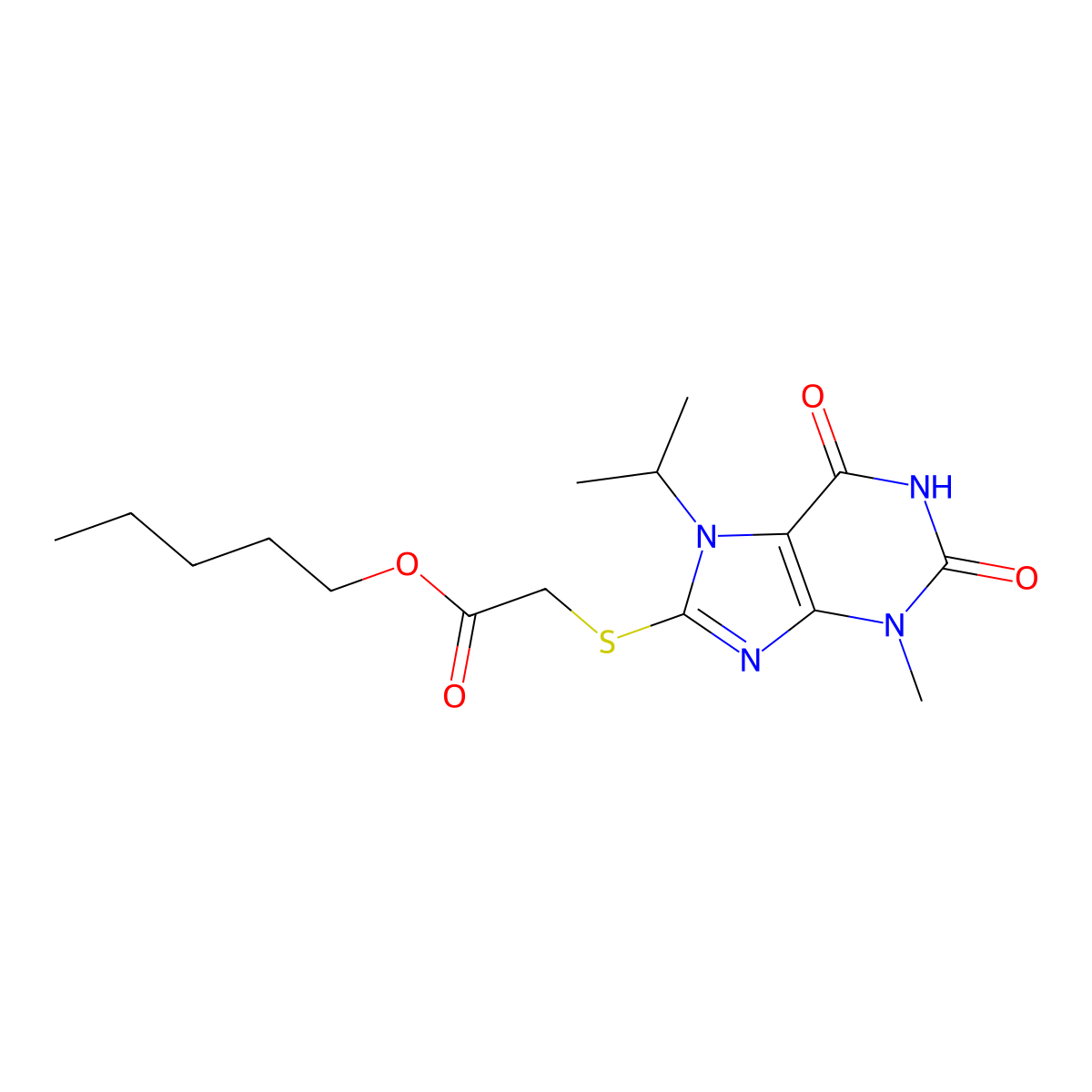 Pentyl 2-(3-methyl-2,6-dioxo-7-propan-2-ylpurin-8-yl)sulfanylacetate molecular structure, CAS 369608-67-3