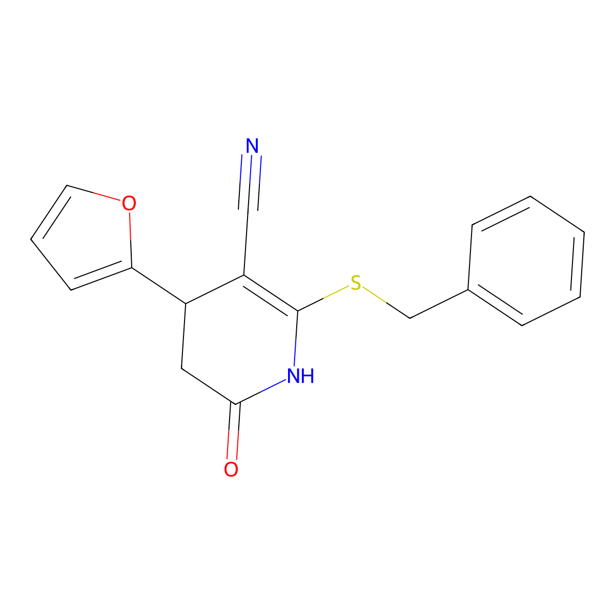 6-benzylsulfanyl-4-(furan-2-yl)-2-oxo-3,4-dihydro-1H-pyridine-5-carbonitrile molecular structure, CAS 369608-71-9
