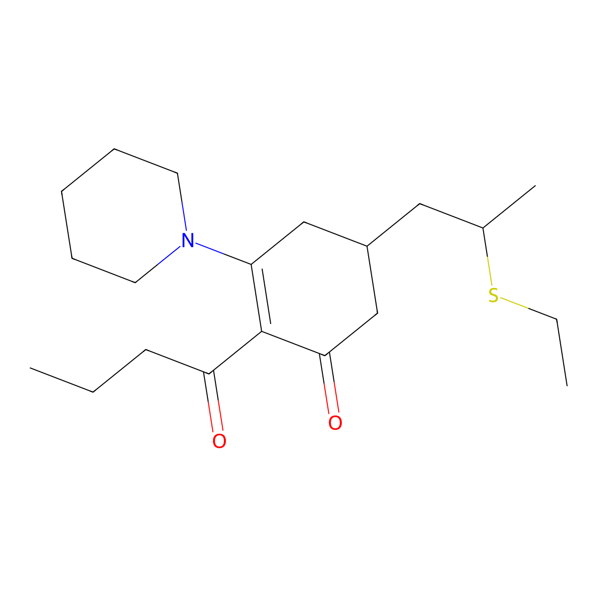 2-Butanoyl-5-(2-ethylsulfanylpropyl)-3-piperidin-1-ylcyclohex-2-en-1-one molecular structure, CAS 369608-95-7