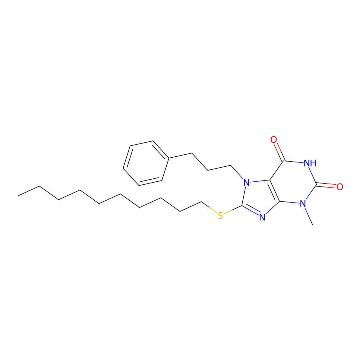 8-Decylsulfanyl-3-methyl-7-(3-phenylpropyl)purine-2,6-dione molecular structure, CAS 369611-23-4