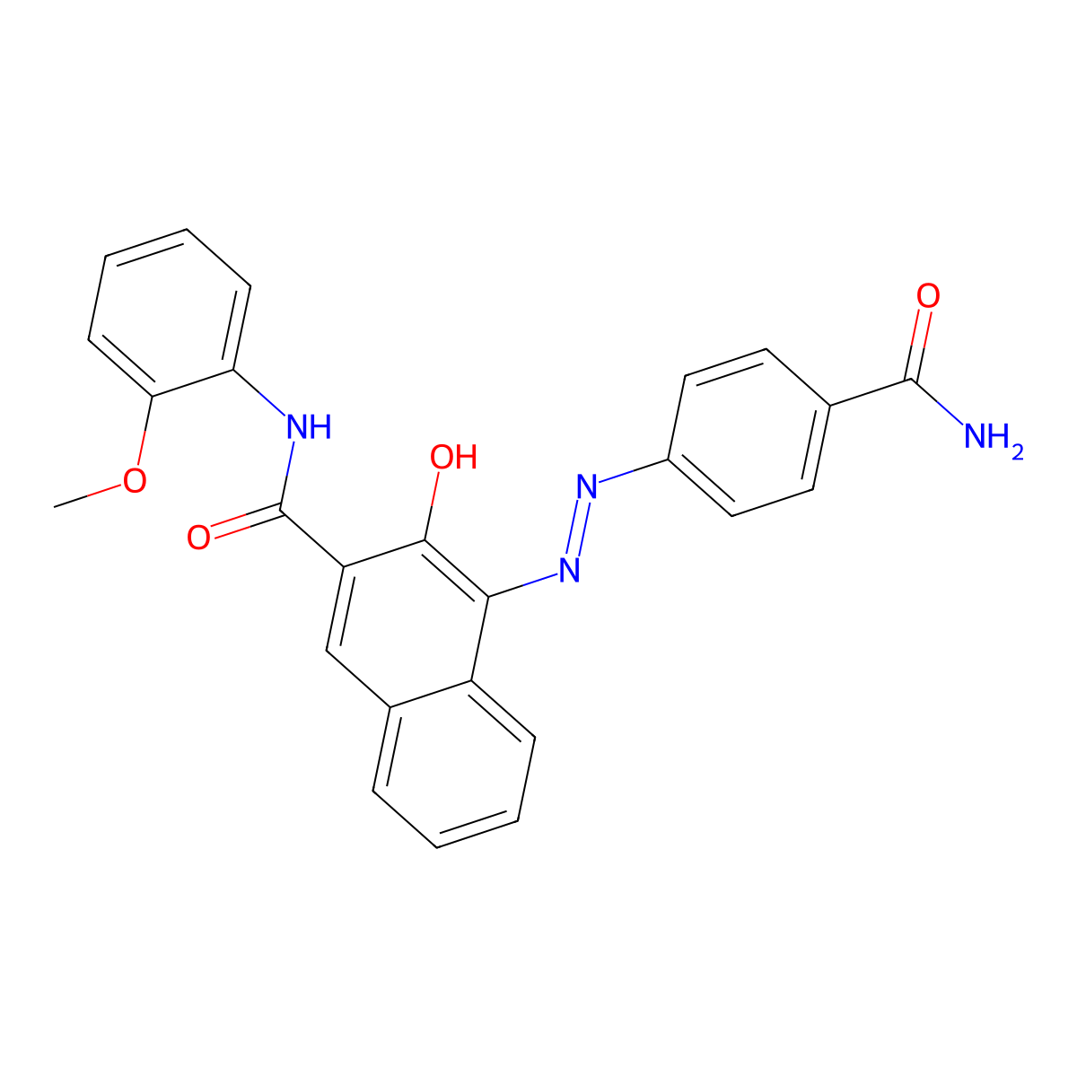 2-Naphthalenecarboxamide, 4-(2-(4-(aminocarbonyl)phenyl)diazenyl)-3-hydroxy-N-(2-methoxyphenyl)- molecular structure, CAS 36968-27-1