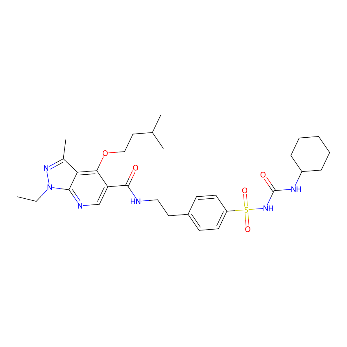 N-(2-(4-((((Cyclohexylamino)carbonyl)amino)sulfonyl)phenyl)ethyl)-1-ethyl-3-methyl-4-(3-methylbutoxy)-1H-pyrazolo(3,4-b)pyridine-5-carboxamide molecular structure, CAS 36980-34-4