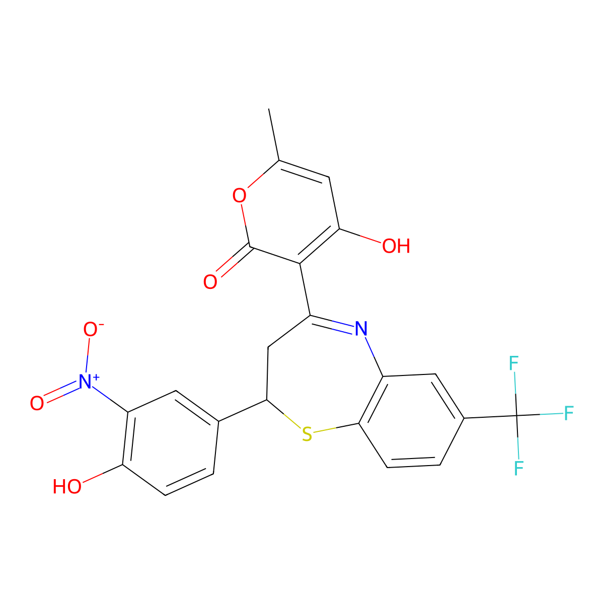 4-hydroxy-3-(2-(4-hydroxy-3-nitrophenyl)-7-(trifluoromethyl)-2,3-dihydrobenzo[b][1,4]thiazepin-4-yl)-6-methyl-2H-pyran-2-one molecular structure, CAS 370070-74-9