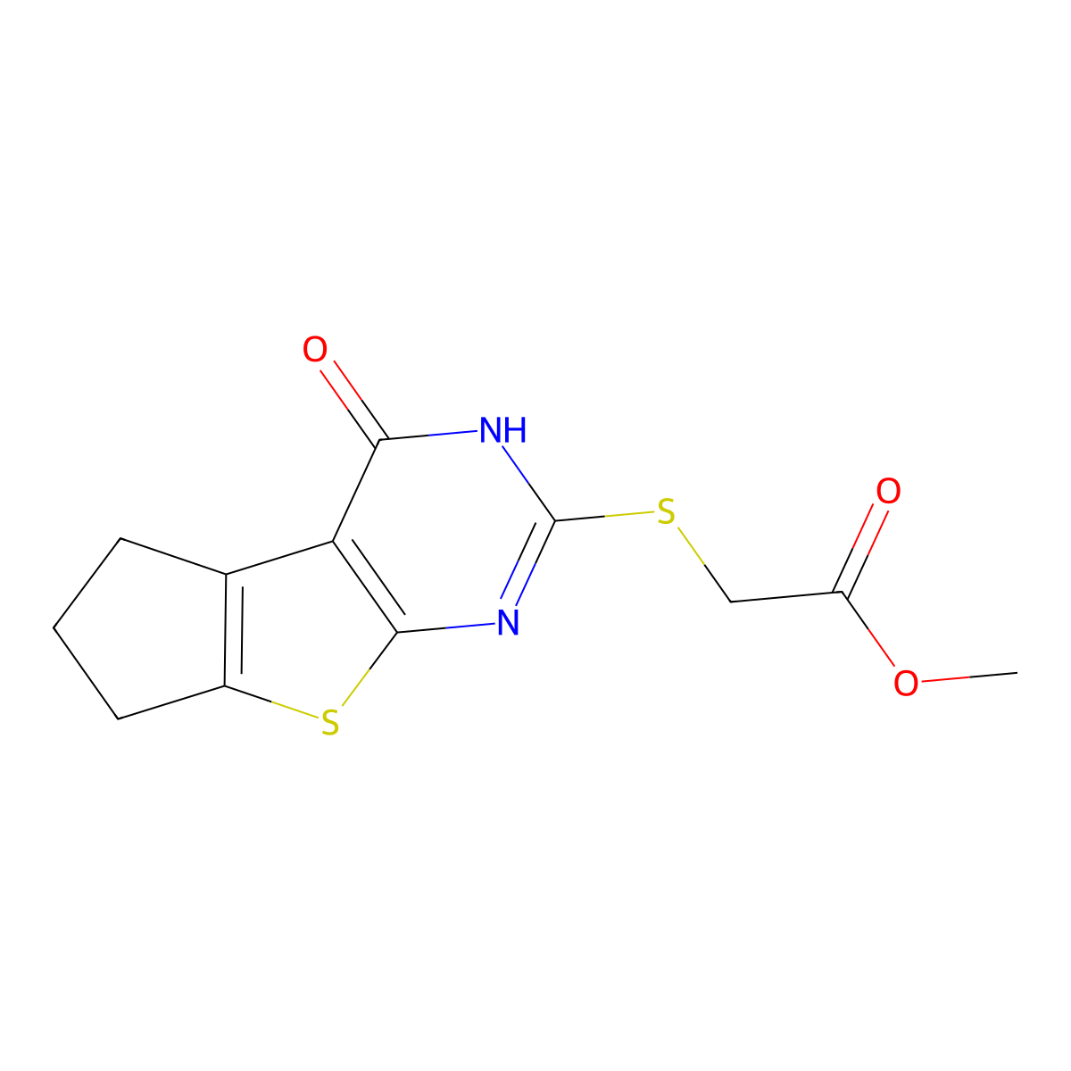 methyl [(4-oxo-3,5,6,7-tetrahydro-4H-cyclopenta[4,5]thieno[2,3-d]pyrimidin-2-yl)sulfanyl]acetate molecular structure, CAS 370070-83-0