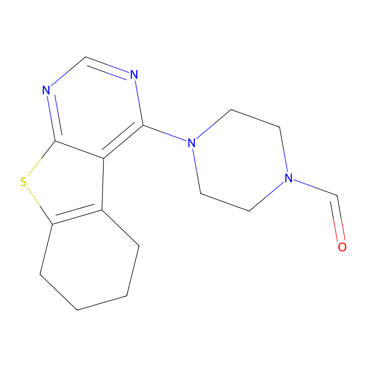 4-{8-Thia-4,6-diazatricyclo[7.4.0.0,2,7]trideca-1(9),2,4,6-tetraen-3-yl}piperazine-1-carbaldehyde molecular structure, CAS 370071-21-9