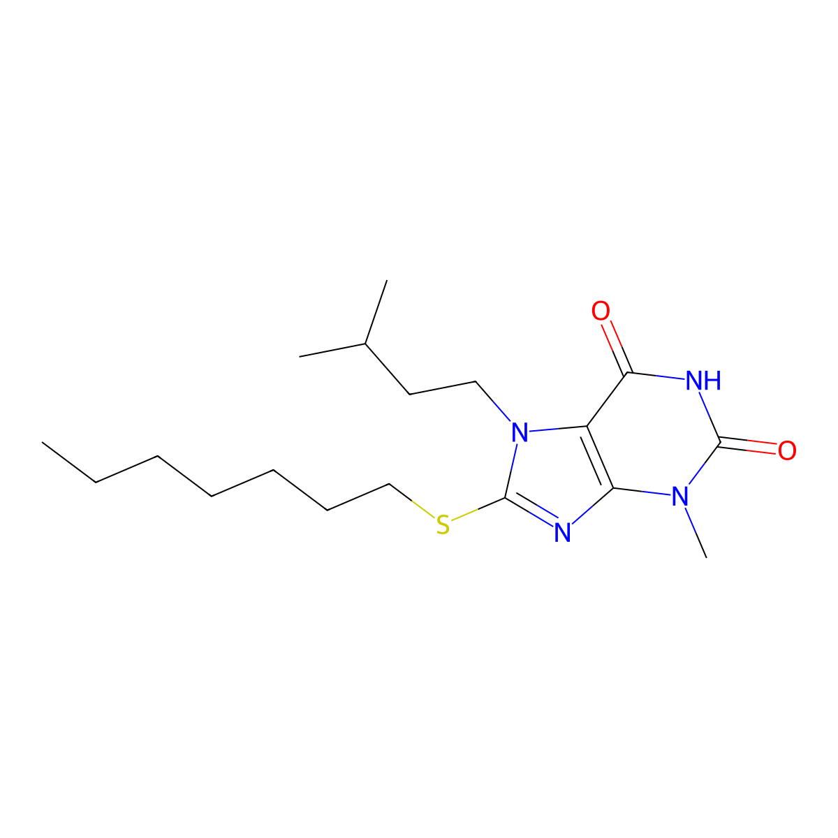 8-Heptylsulfanyl-3-methyl-7-(3-methylbutyl)purine-2,6-dione molecular structure, CAS 370071-30-0