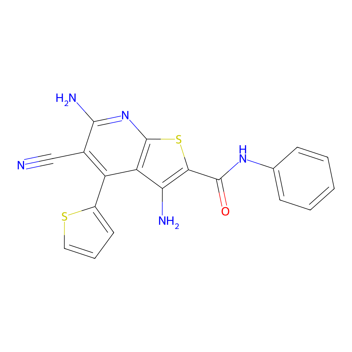 3,6-diamino-5-cyano-N-phenyl-4-thiophen-2-ylthieno[2,3-b]pyridine-2-carboxamide molecular structure, CAS 370071-67-3