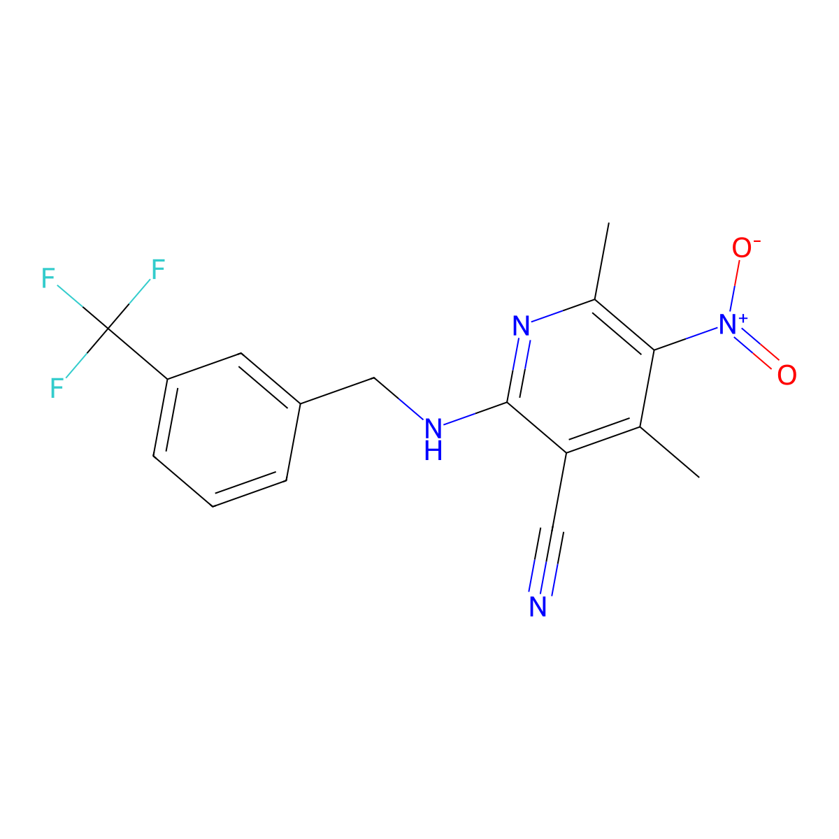 4,6-Dimethyl-5-nitro-2-[[3-(trifluoromethyl)phenyl]methylamino]pyridine-3-carbonitrile molecular structure, CAS 370071-97-9
