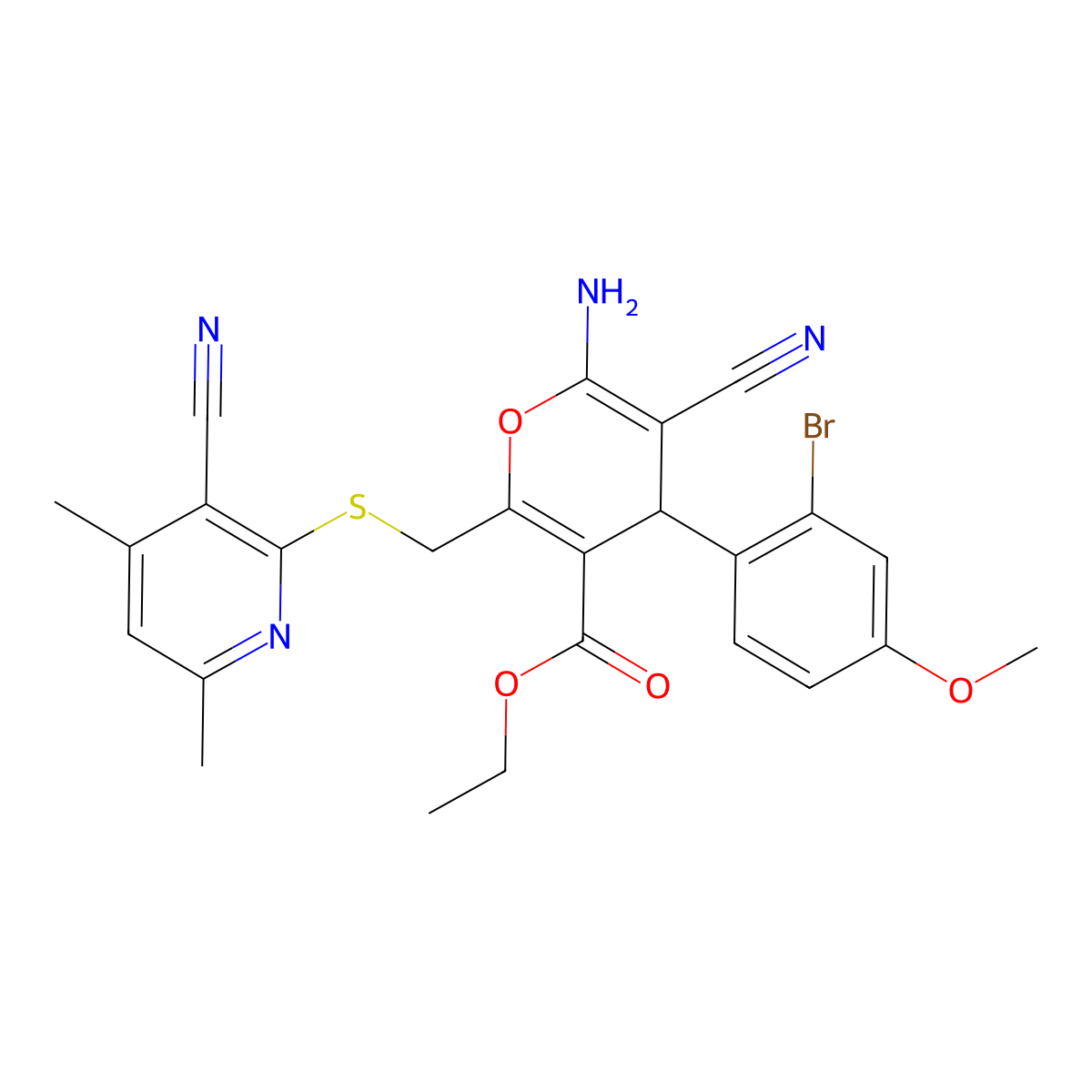 ethyl 6-amino-4-(2-bromo-4-methoxyphenyl)-5-cyano-2-[(3-cyano-4,6-dimethylpyridin-2-yl)sulfanylmethyl]-4H-pyran-3-carboxylate molecular structure, CAS 370072-42-7