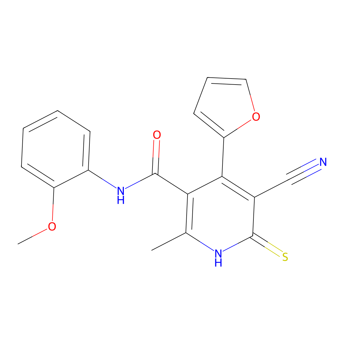 5-cyano-4-(furan-2-yl)-N-(2-methoxyphenyl)-2-methyl-6-thioxo-1,6-dihydropyridine-3-carboxamide molecular structure, CAS 370074-51-4