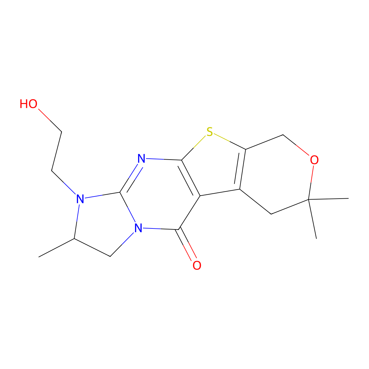 1-(2-hydroxyethyl)-2,7,7-trimethyl-2,3,6,7-tetrahydro-1H-imidazo[1,2-a]pyrano[4',3':4,5]thieno[2,3-d]pyrimidin-5(9H)-one molecular structure, CAS 370075-15-3