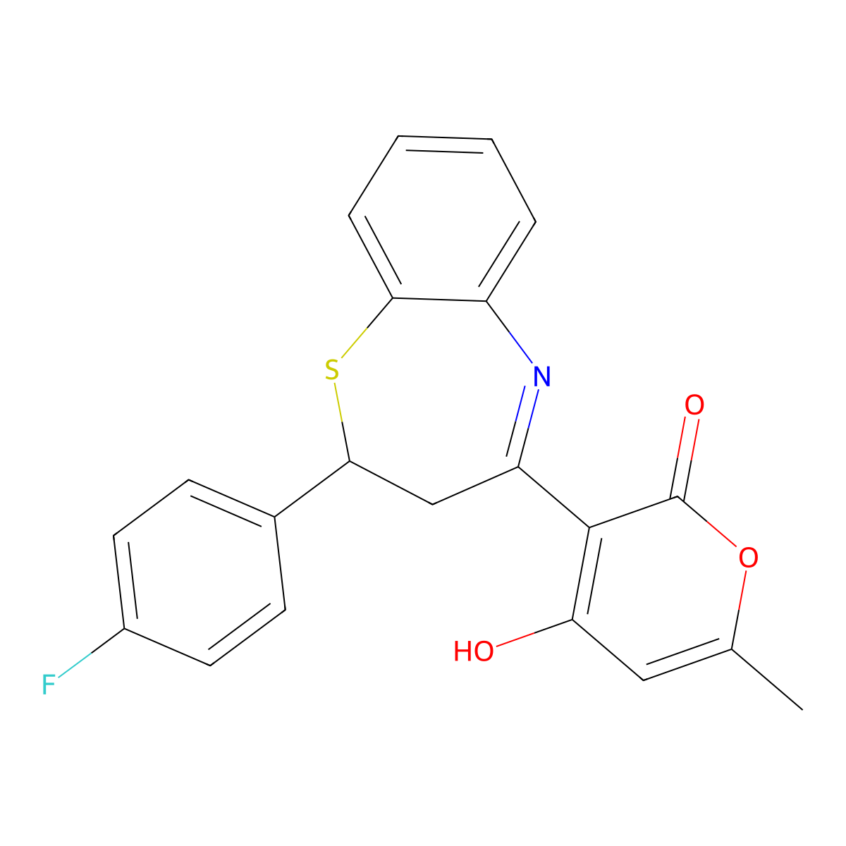 3-(2-(4-fluorophenyl)-2,3-dihydrobenzo[b][1,4]thiazepin-4-yl)-4-hydroxy-6-methyl-2H-pyran-2-one molecular structure, CAS 370075-30-2