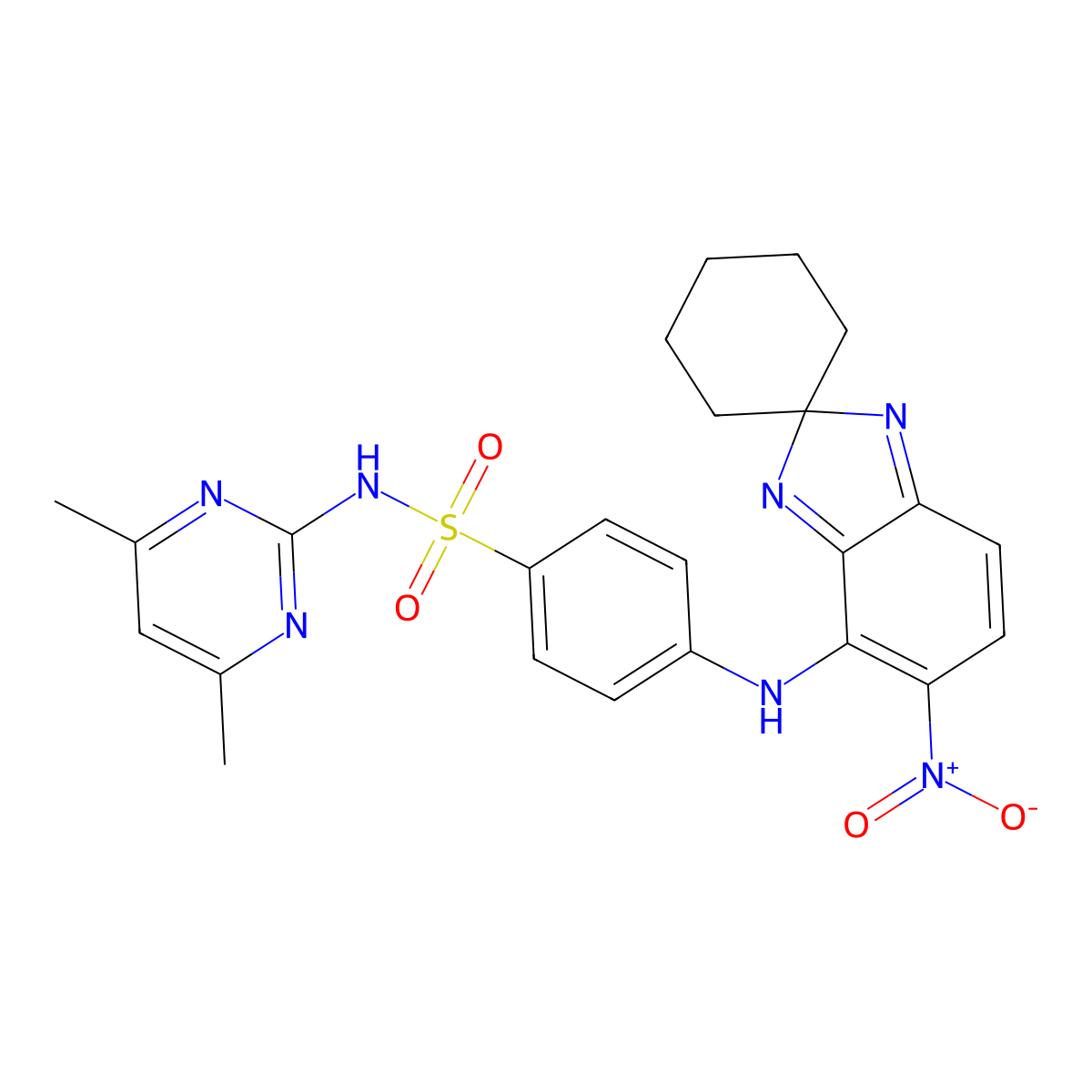 N-(4,6-dimethylpyrimidin-2-yl)-4-[(5-nitrospiro[benzimidazole-2,1'-cyclohexan]-4-yl)amino]benzenesulfonamide molecular structure, CAS 370076-40-7