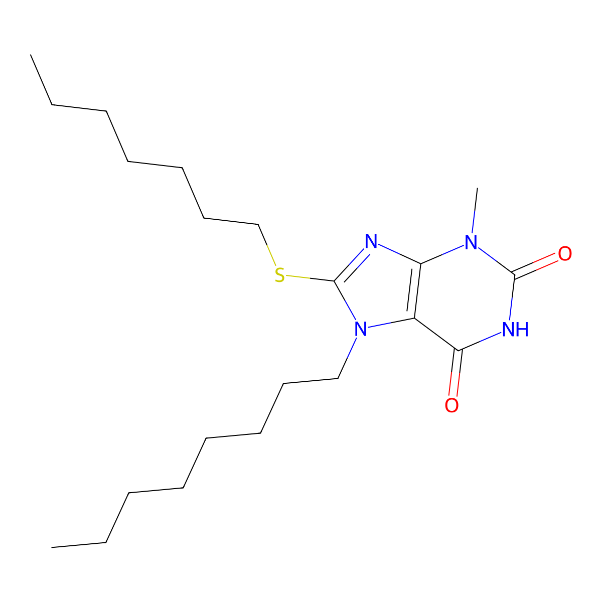 8-(heptylsulfanyl)-3-methyl-7-octyl-3,7-dihydro-1H-purine-2,6-dione molecular structure, CAS 370077-17-1