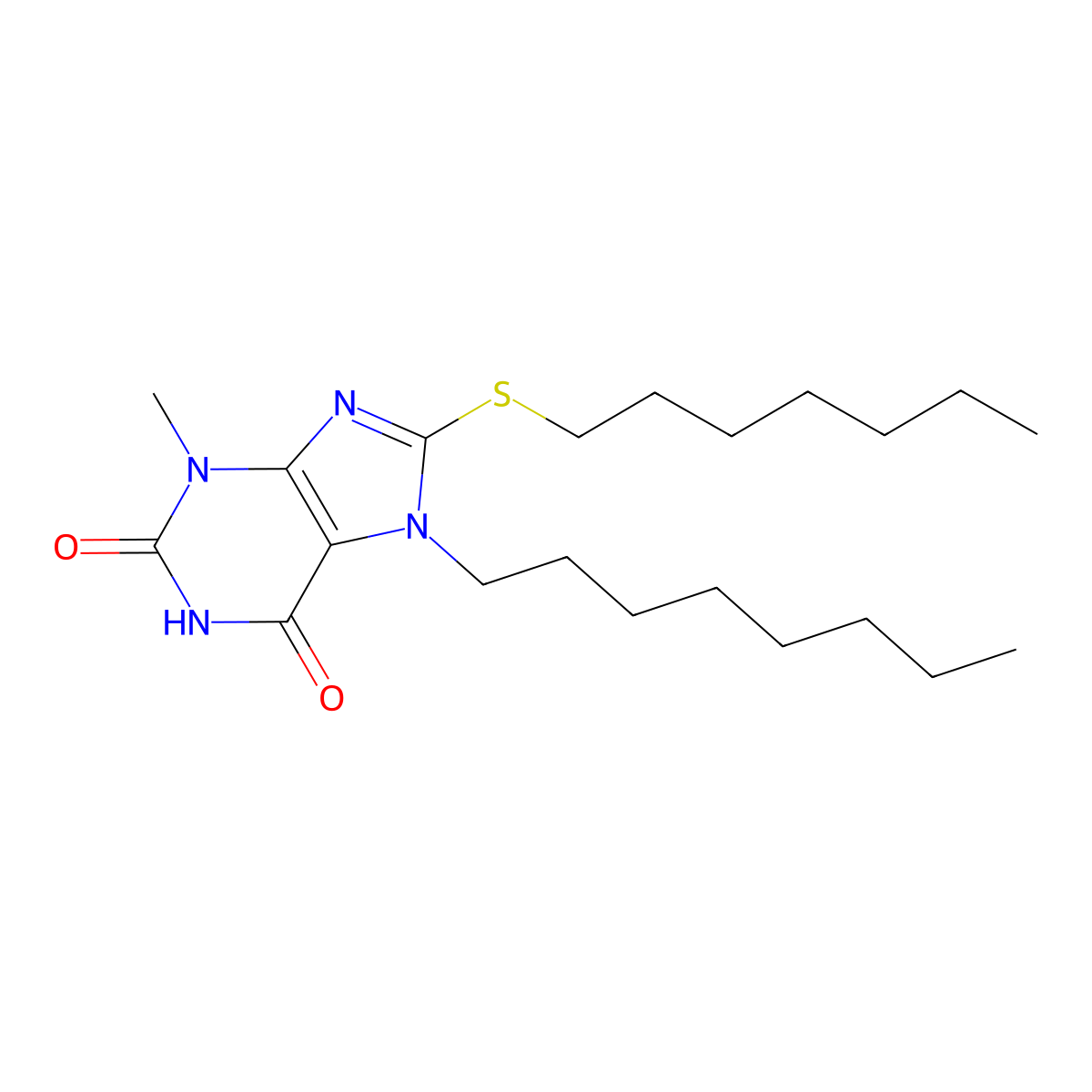 8-(heptylsulfanyl)-3-methyl-7-octyl-3,7-dihydro-1H-purine-2,6-dione molecular structure, CAS 370077-17-1