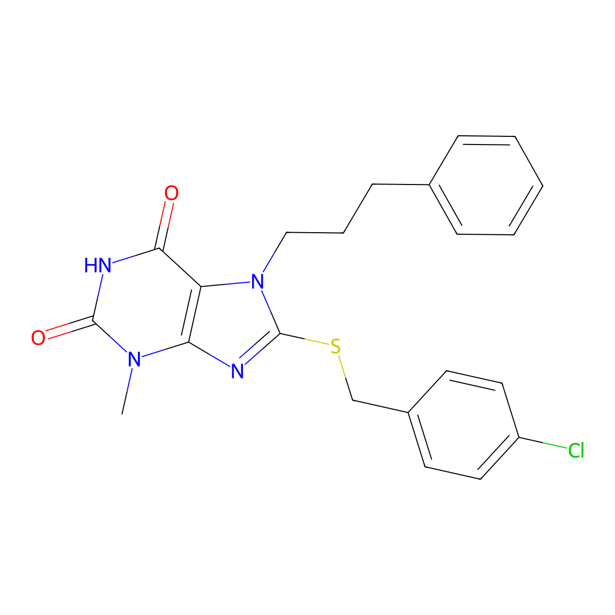 8-[(4-chlorobenzyl)sulfanyl]-3-methyl-7-(3-phenylpropyl)-3,7-dihydro-1H-purine-2,6-dione molecular structure, CAS 370077-18-2