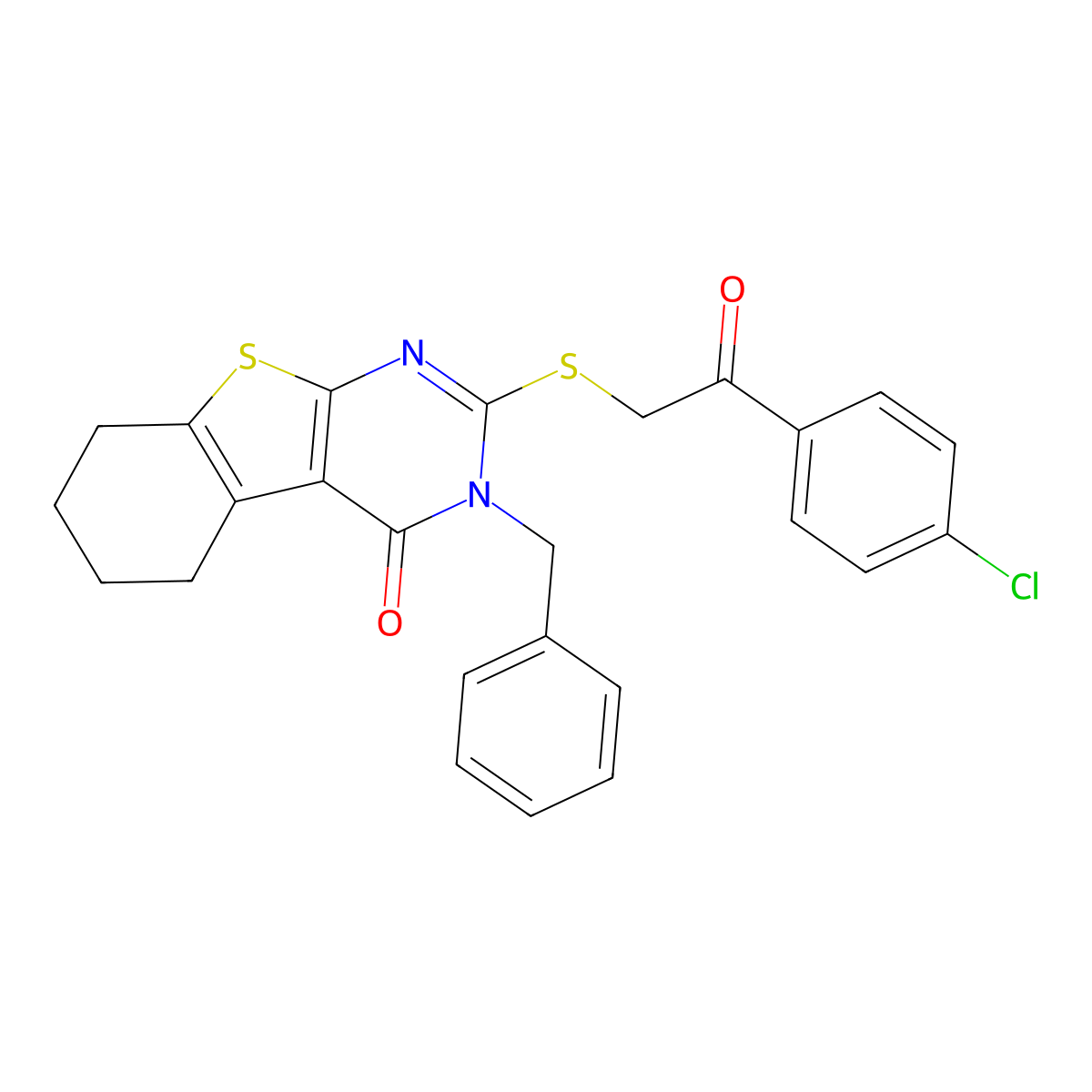 3-benzyl-2-{[2-(4-chlorophenyl)-2-oxoethyl]sulfanyl}-5,6,7,8-tetrahydro[1]benzothieno[2,3-d]pyrimidin-4(3H)-one molecular structure, CAS 370077-45-5