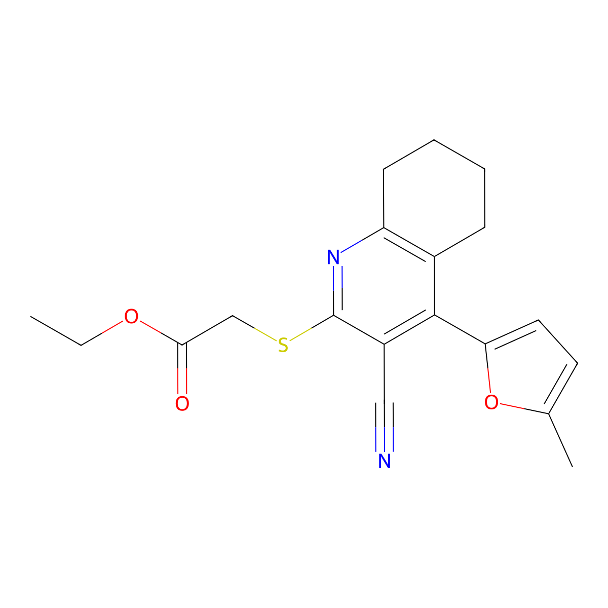 Ethyl {[3-cyano-4-(5-methylfuran-2-yl)-5,6,7,8-tetrahydroquinolin-2-yl]sulfanyl}acetate molecular structure, CAS 370078-19-6