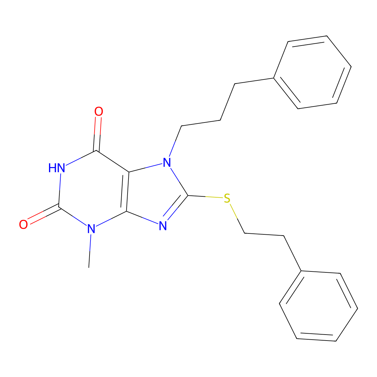 3-methyl-8-[(2-phenylethyl)sulfanyl]-7-(3-phenylpropyl)-3,7-dihydro-1H-purine-2,6-dione molecular structure, CAS 370078-28-7