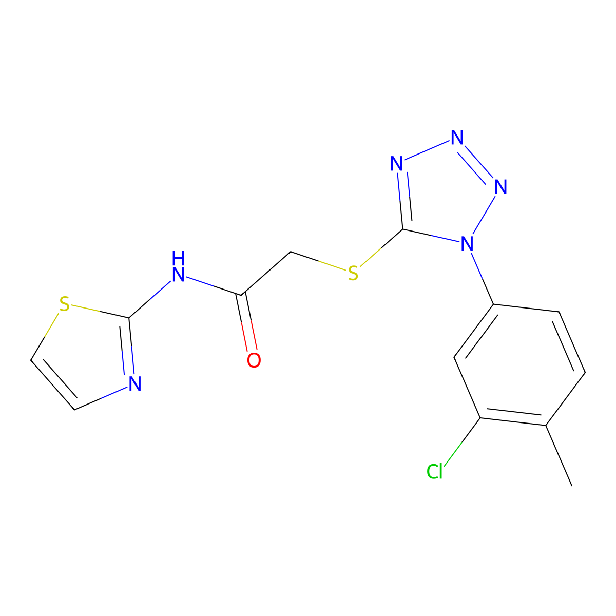 2-[1-(3-Chloro-4-methyl-phenyl)-1H-tetrazol-5-ylsulfanyl]-N-thiazol-2-yl-acetamide molecular structure, CAS 370092-42-5
