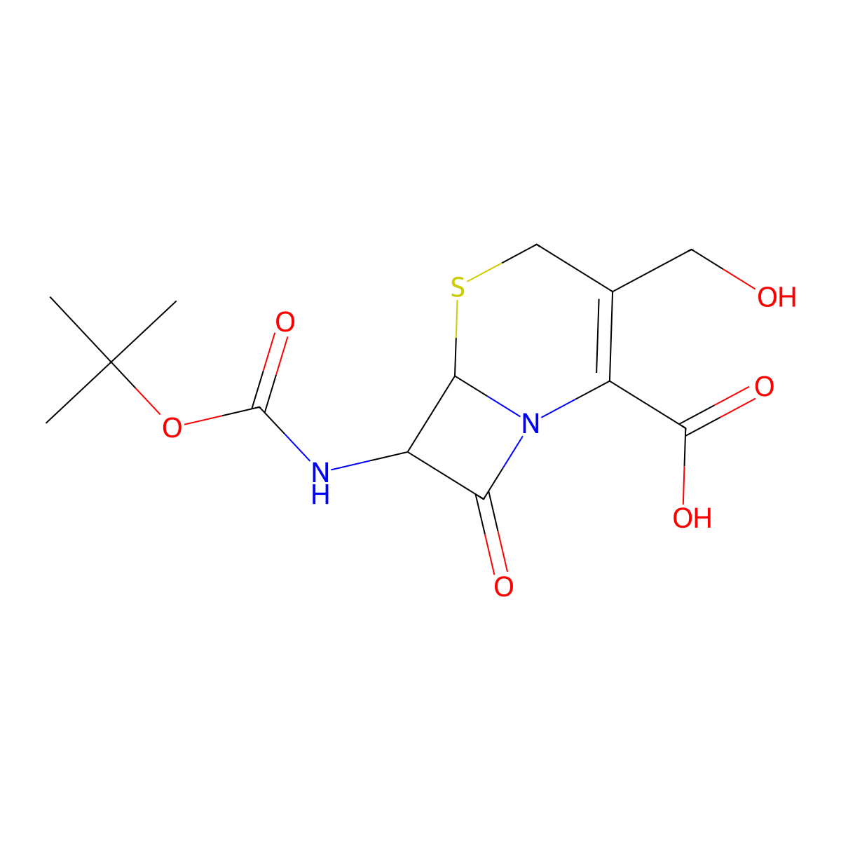 (6R,7R)-7-{[(tert-butoxy)carbonyl]amino}-3-(hydroxymethyl)-8-oxo-5-thia-1-azabicyclo[4.2.0]oct-2-ene-2-carboxylic acid molecular structure, CAS 37051-06-2