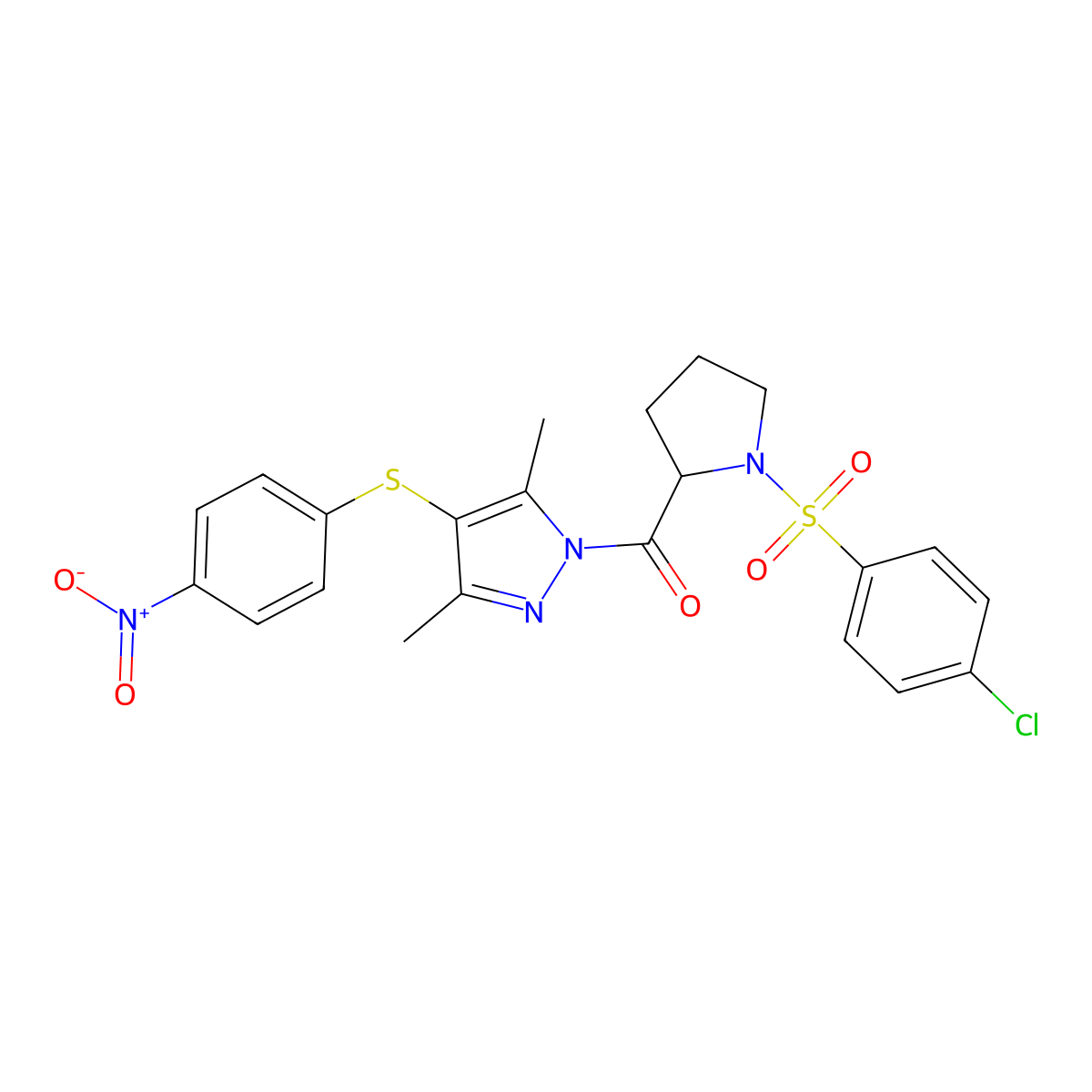 [1-(4-Chlorophenyl)sulfonylpyrrolidin-2-yl]-[3,5-dimethyl-4-(4-nitrophenyl)sulfanylpyrazol-1-yl]methanone molecular structure, CAS 370561-43-6