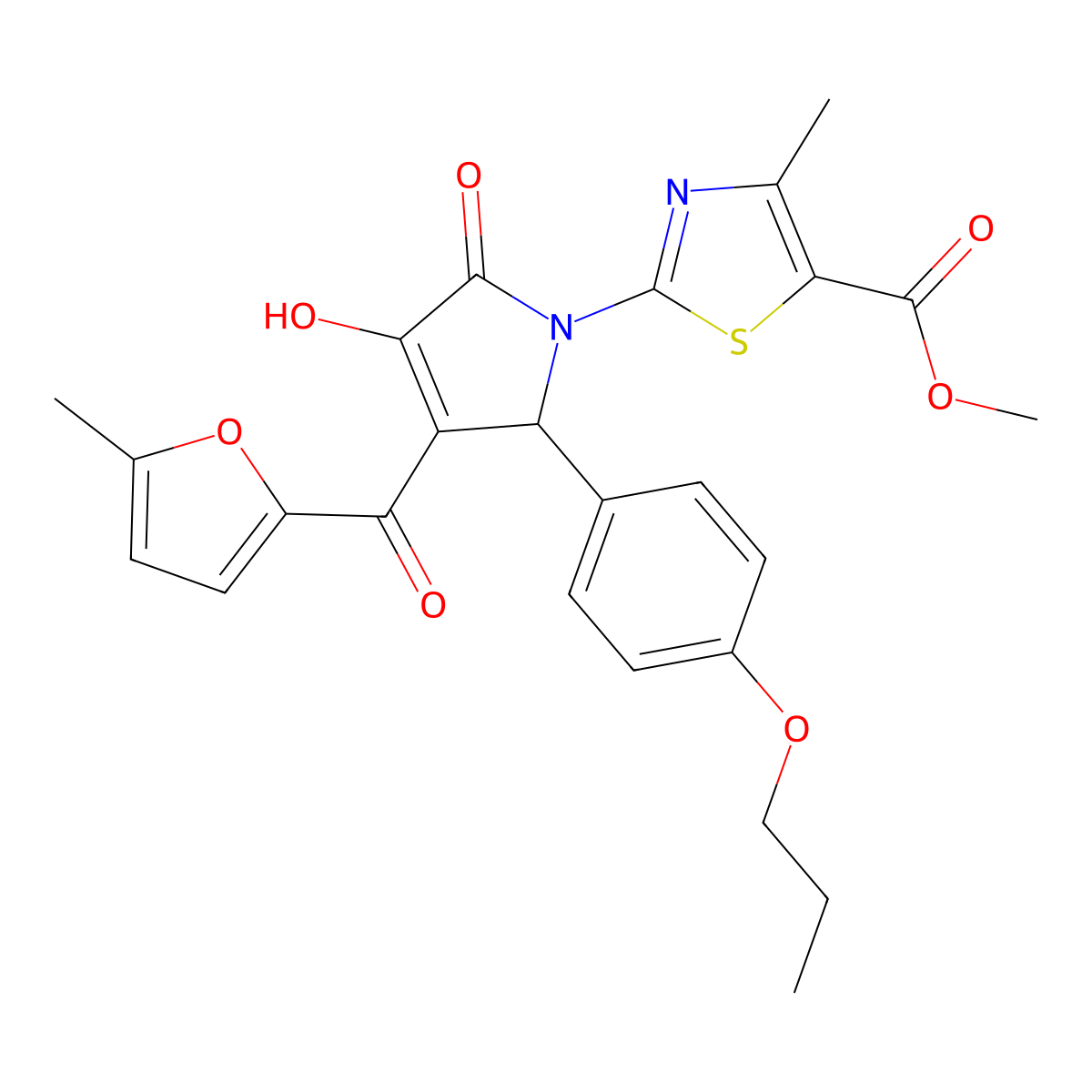 methyl 2-[(3E)-3-[hydroxy(5-methylfuran-2-yl)methylidene]-4,5-dioxo-2-(4-propoxyphenyl)pyrrolidin-1-yl]-4-methyl-1,3-thiazole-5-carboxylate molecular structure, CAS 370572-04-6
