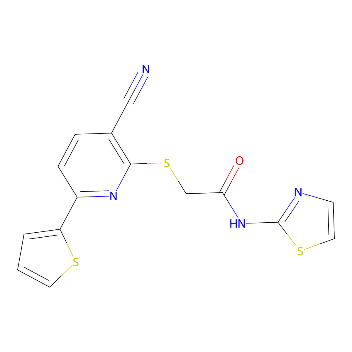 2-(3-cyano-6-thiophen-2-ylpyridin-2-yl)sulfanyl-N-(1,3-thiazol-2-yl)acetamide molecular structure, CAS 370572-34-2