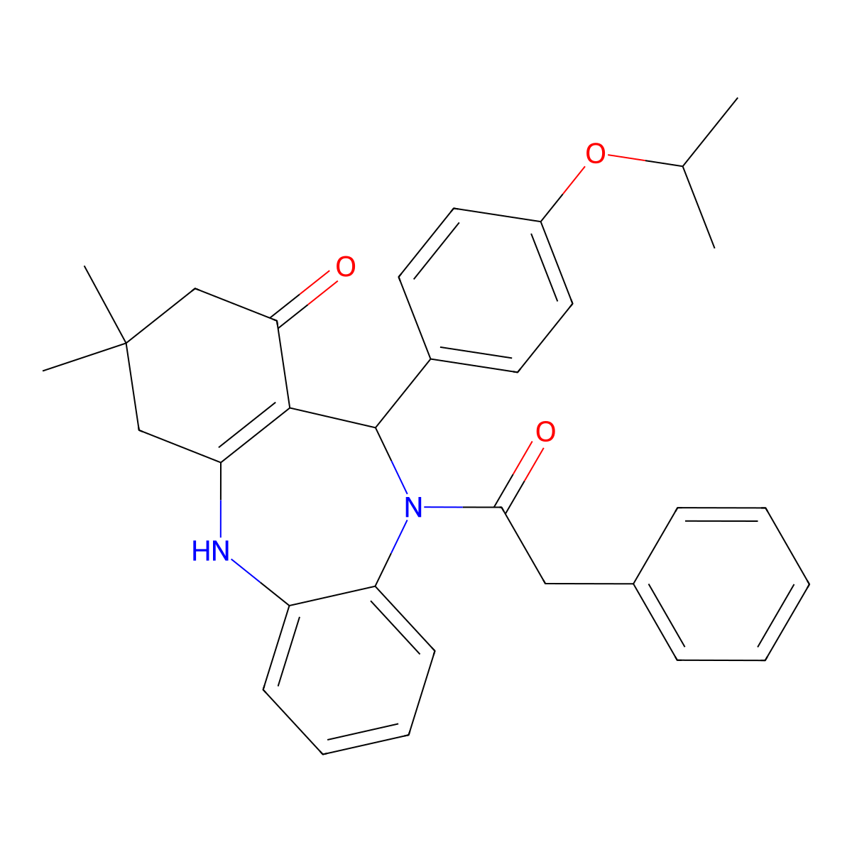 9,9-Dimethyl-5-(2-phenylacetyl)-6-(4-propan-2-yloxyphenyl)-6,8,10,11-tetrahydrobenzo[b][1,4]benzodiazepin-7-one molecular structure, CAS 370572-82-0