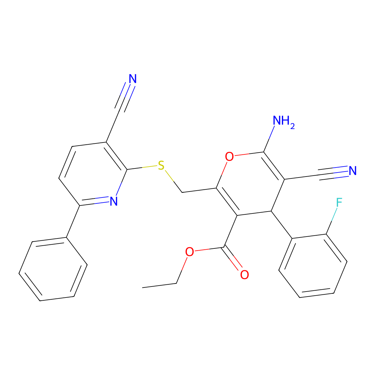 ethyl 6-amino-5-cyano-2-{[(3-cyano-6-phenylpyridin-2-yl)sulfanyl]methyl}-4-(2-fluorophenyl)-4H-pyran-3-carboxylate molecular structure, CAS 370572-84-2