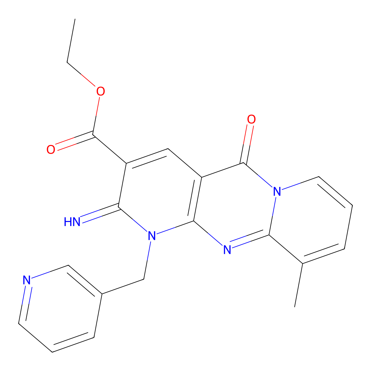 Ethyl 2-imino-10-methyl-5-oxo-1-(3-pyridinylmethyl)-1,5-dihydro-2H-dipyrido(1,2-A:2,3-D)pyrimidine-3-carboxylate molecular structure, CAS 370573-01-6