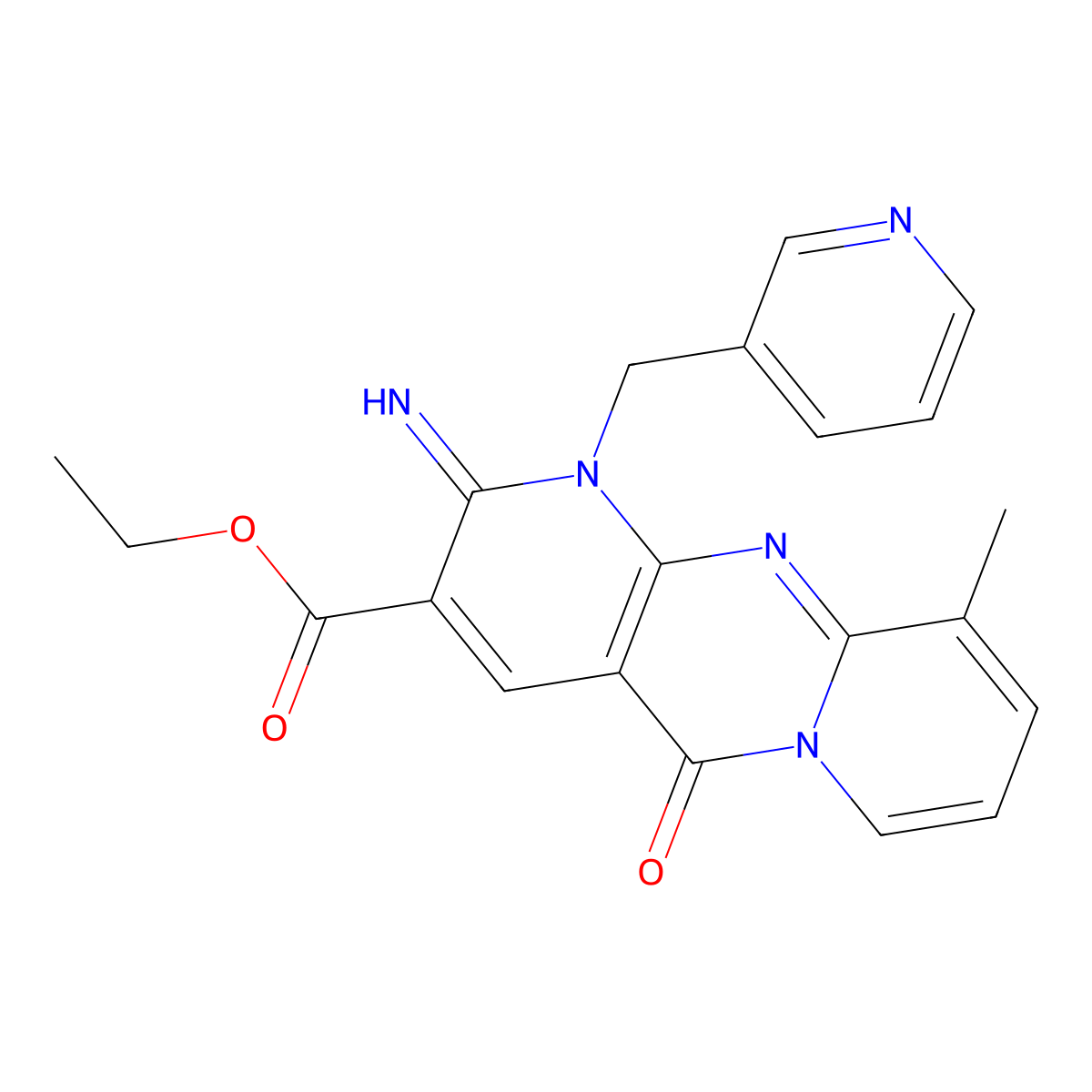 Ethyl 2-imino-10-methyl-5-oxo-1-(3-pyridinylmethyl)-1,5-dihydro-2H-dipyrido(1,2-A:2,3-D)pyrimidine-3-carboxylate molecular structure, CAS 370573-01-6