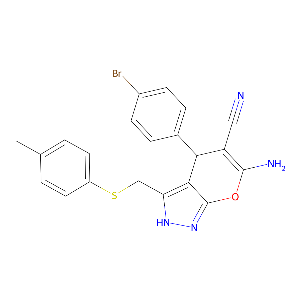 6-Amino-4-(4-bromophenyl)-3-{[(4-methylphenyl)sulfanyl]methyl}-2,4-dihydropyrano[2,3-c]pyrazole-5-carbonitrile molecular structure, CAS 370573-02-7