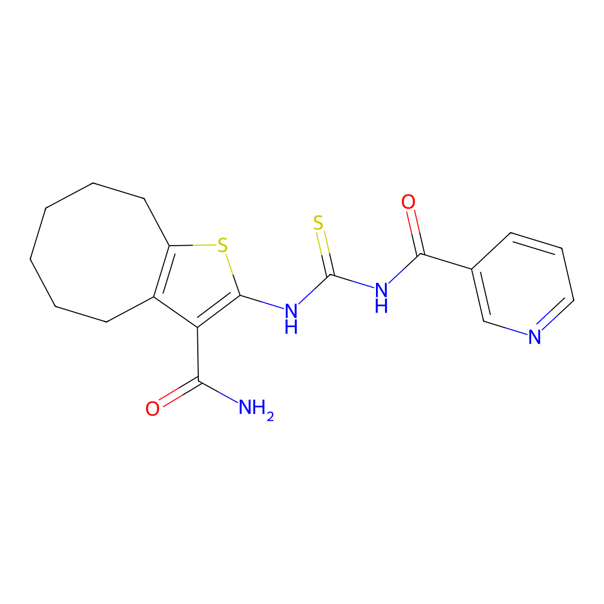 N-[(3-carbamoyl-4,5,6,7,8,9-hexahydrocycloocta[b]thiophen-2-yl)carbamothioyl]pyridine-3-carboxamide molecular structure, CAS 370573-04-9