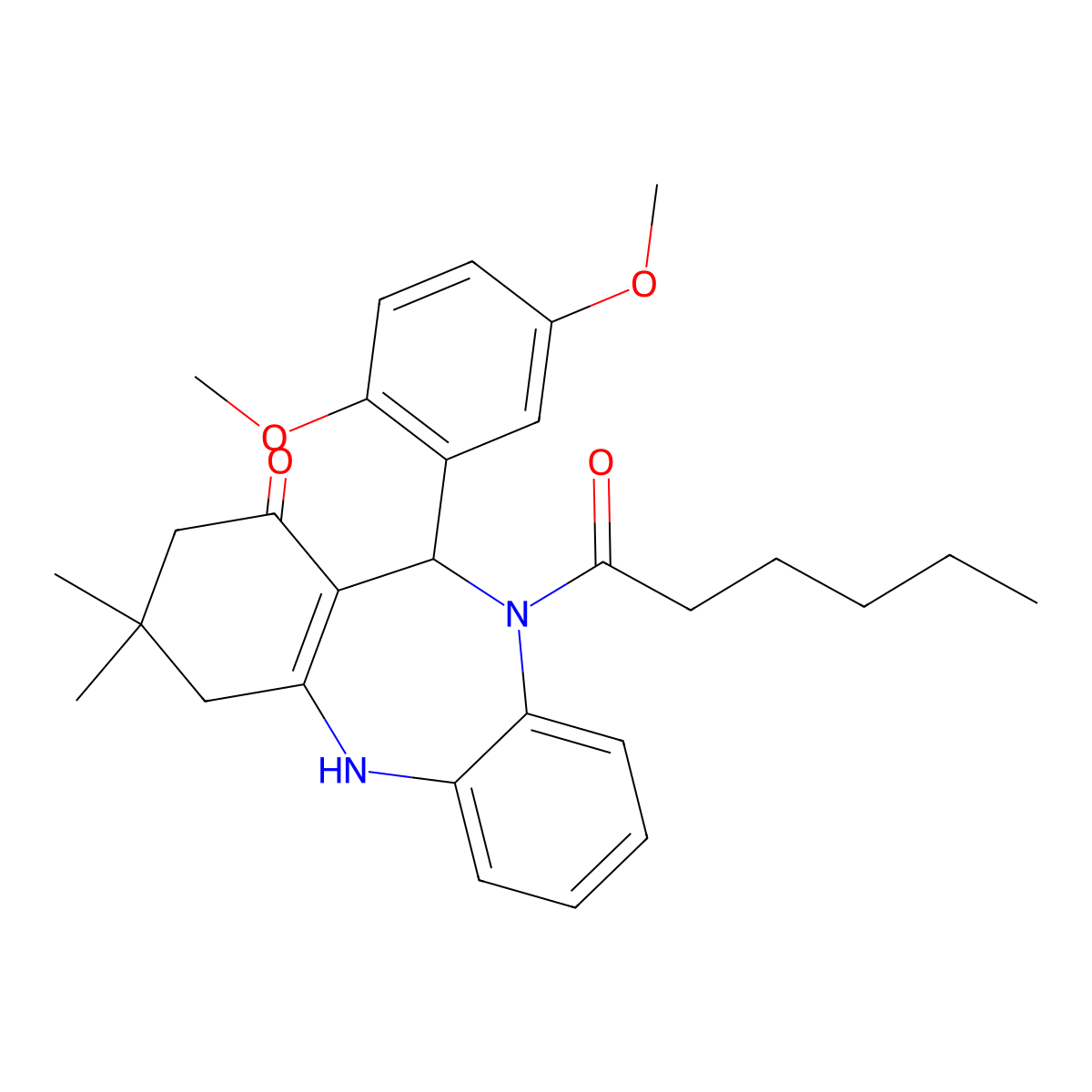 6-(2,5-Dimethoxyphenyl)-5-hexanoyl-9,9-dimethyl-6,8,10,11-tetrahydrobenzo[b][1,4]benzodiazepin-7-one molecular structure, CAS 370573-15-2
