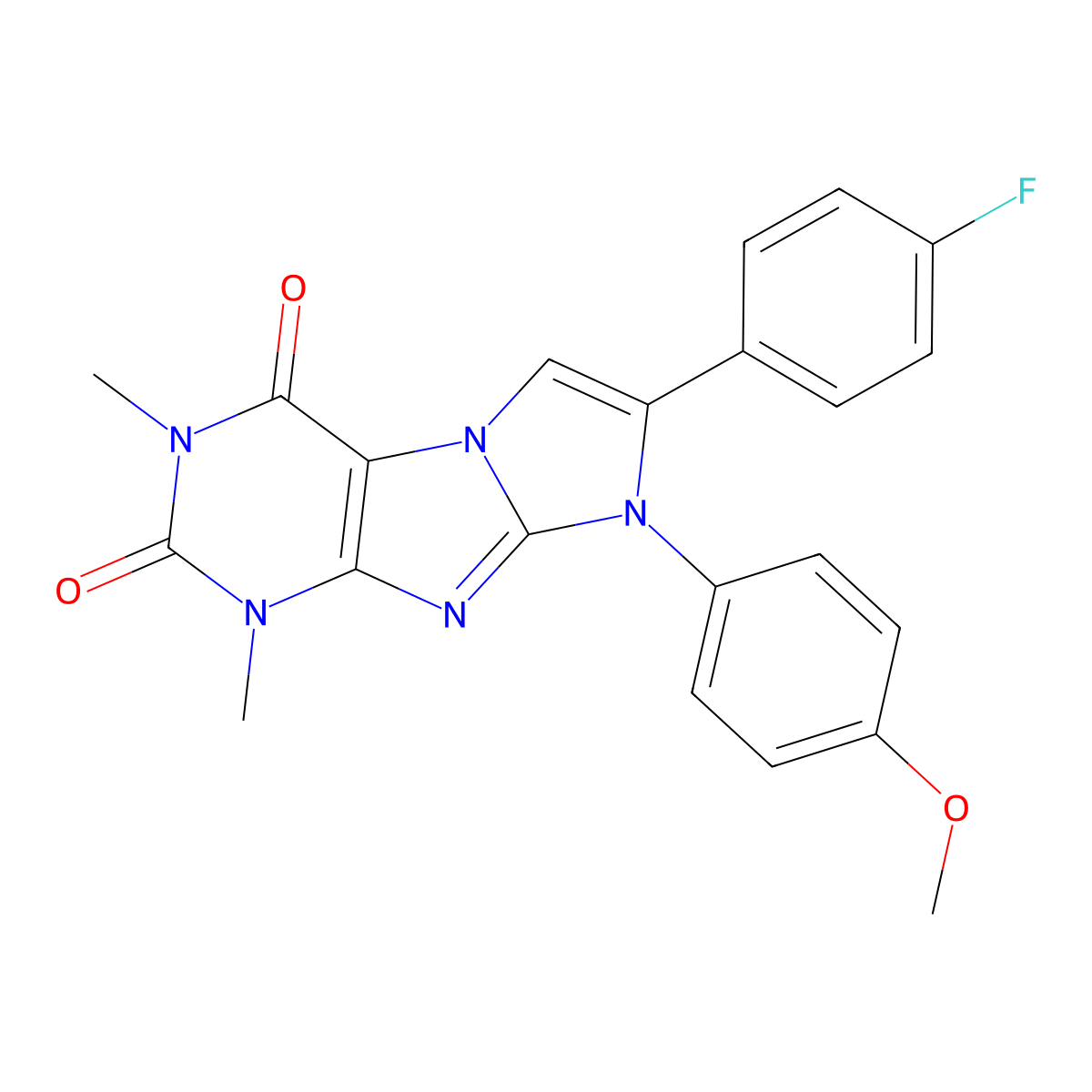 7-(4-fluorophenyl)-8-(4-methoxyphenyl)-1,3-dimethyl-1H-imidazo[2,1-f]purine-2,4(3H,8H)-dione molecular structure, CAS 370573-78-7