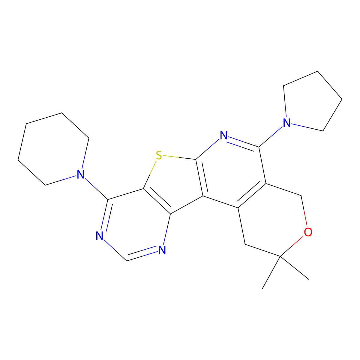 2,2-dimethyl-8-(piperidin-1-yl)-5-(pyrrolidin-1-yl)-2,4-dihydro-1H-pyrano[4'',3'':4',5']pyrido[3',2':4,5]thieno[3,2-d]pyrimidine molecular structure, CAS 370573-97-0