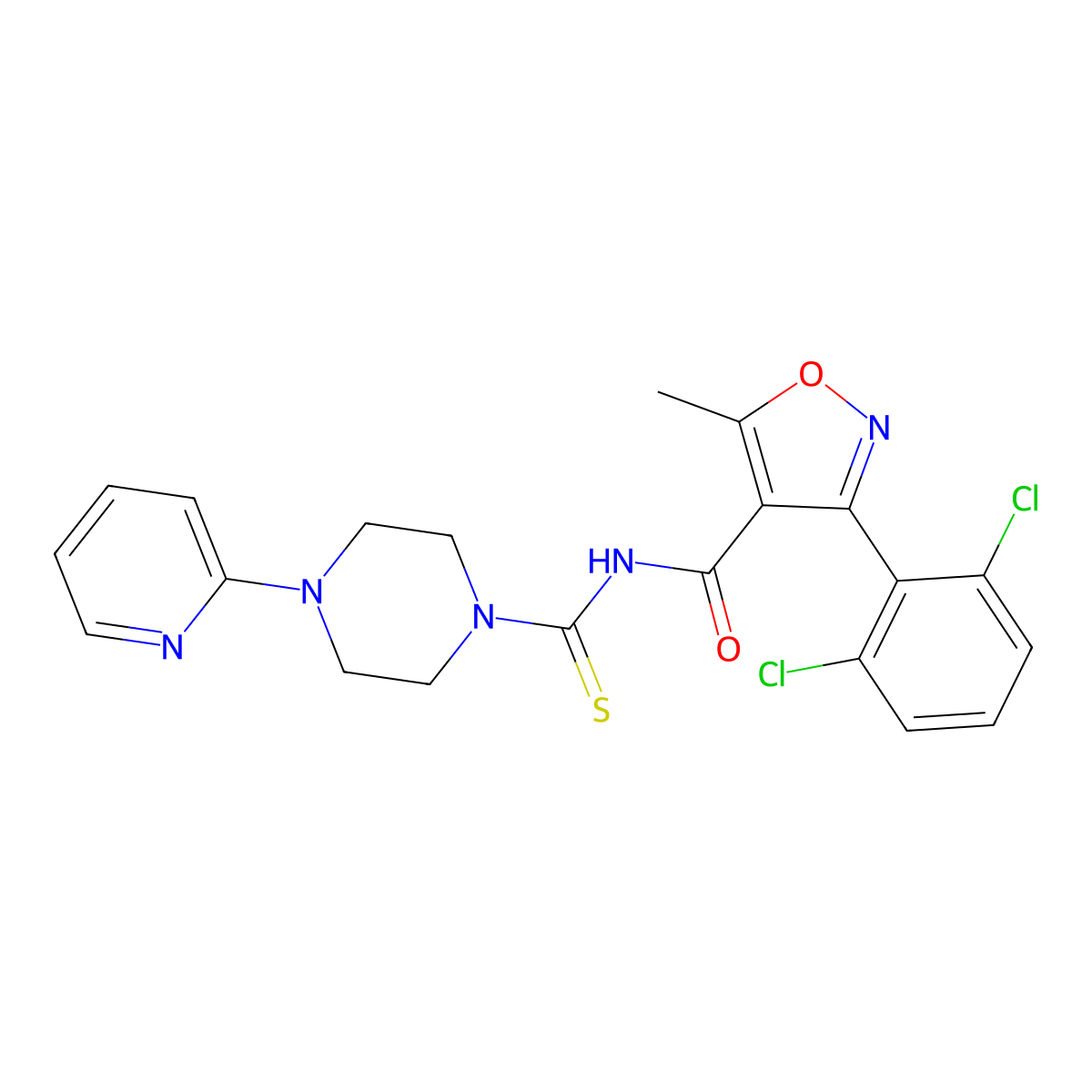 3-(2,6-dichlorophenyl)-5-methyl-N-(4-pyridin-2-ylpiperazine-1-carbothioyl)-1,2-oxazole-4-carboxamide molecular structure, CAS 370574-08-6