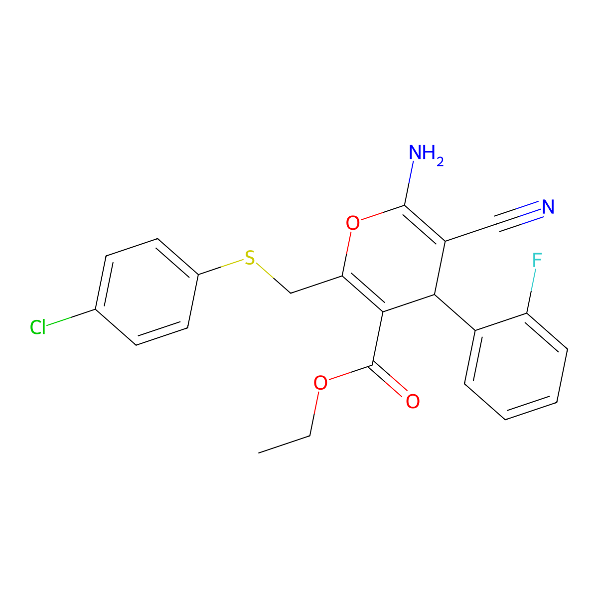 ethyl 6-amino-2-{[(4-chlorophenyl)sulfanyl]methyl}-5-cyano-4-(2-fluorophenyl)-4H-pyran-3-carboxylate molecular structure, CAS 370574-36-0
