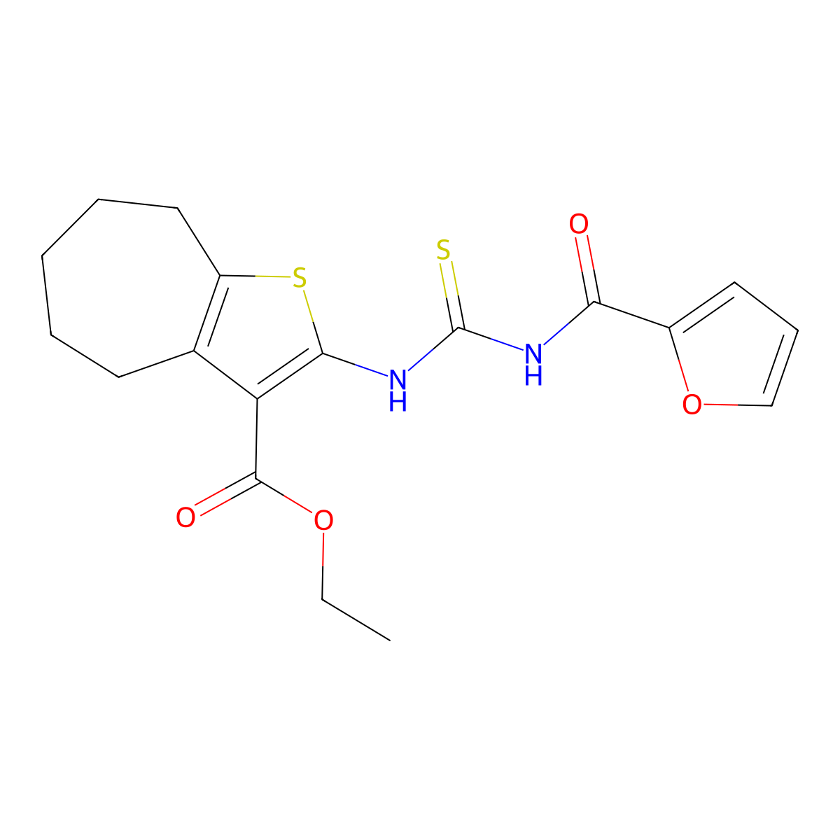 ethyl 2-(furan-2-carbonylcarbamothioylamino)-5,6,7,8-tetrahydro-4H-cyclohepta[b]thiophene-3-carboxylate molecular structure, CAS 370575-16-9