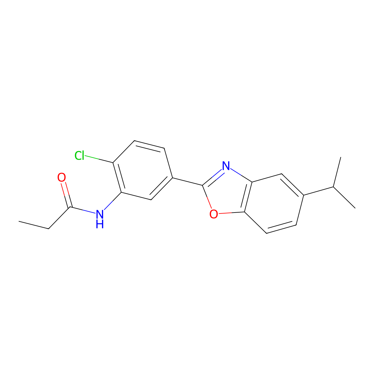 N-[2-chloro-5-(5-propan-2-yl-1,3-benzoxazol-2-yl)phenyl]propanamide molecular structure, CAS 370575-33-0