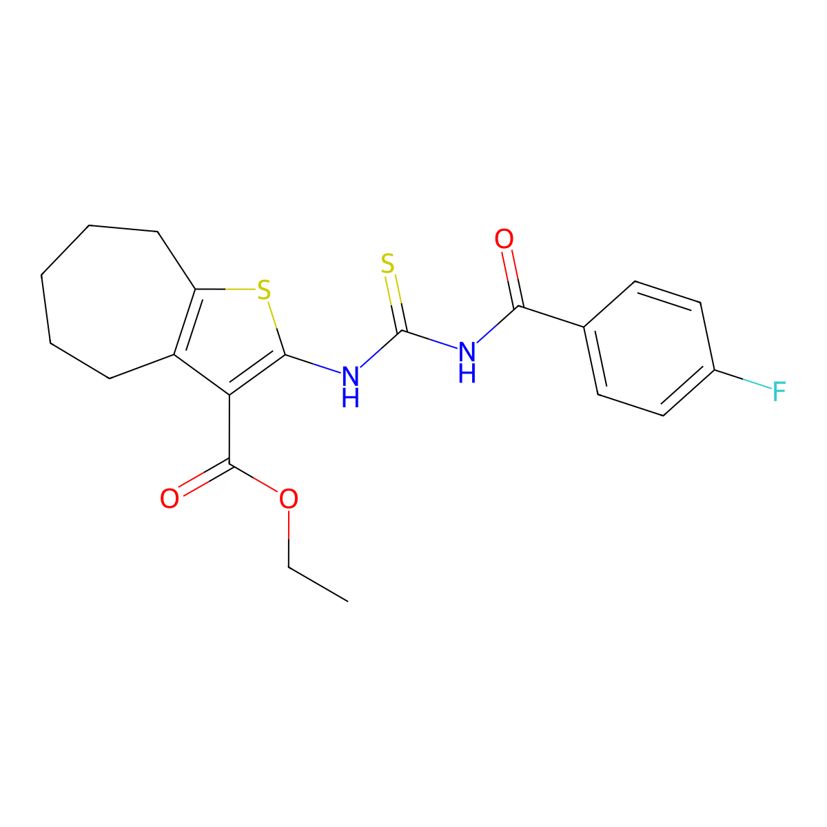 ethyl 2-[(4-fluorobenzoyl)carbamothioylamino]-5,6,7,8-tetrahydro-4H-cyclohepta[b]thiophene-3-carboxylate molecular structure, CAS 370575-48-7