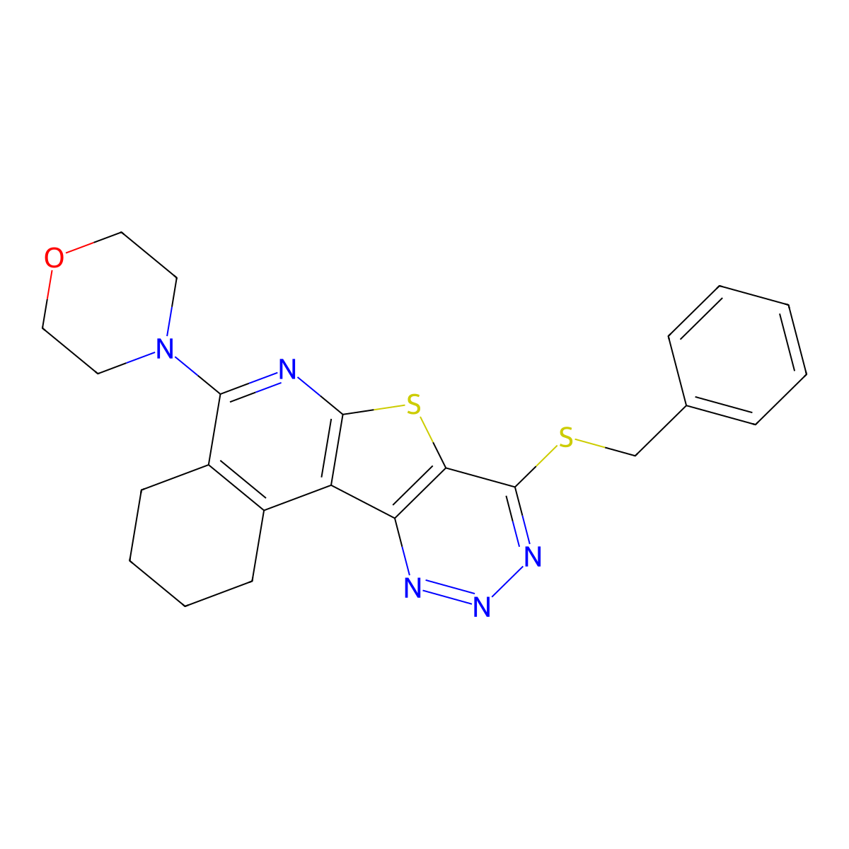 4-(8-(Benzylthio)-1,2,3,4-tetrahydro-[1,2,3]triazino[4',5':4,5]thieno[2,3-c]isoquinolin-5-yl)morpholine molecular structure, CAS 370575-55-6