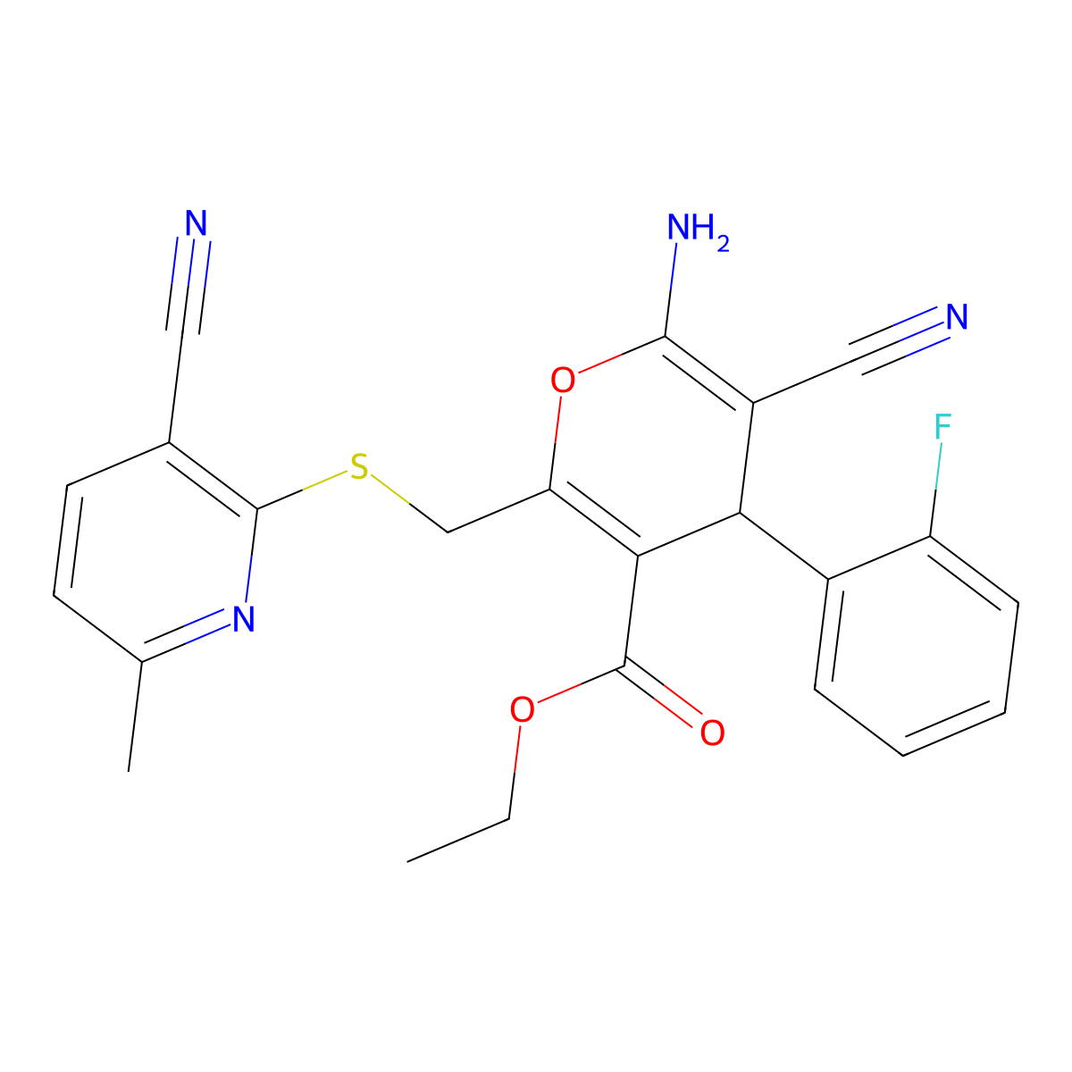 ethyl 6-amino-5-cyano-2-{[(3-cyano-6-methylpyridin-2-yl)sulfanyl]methyl}-4-(2-fluorophenyl)-4H-pyran-3-carboxylate molecular structure, CAS 370575-59-0