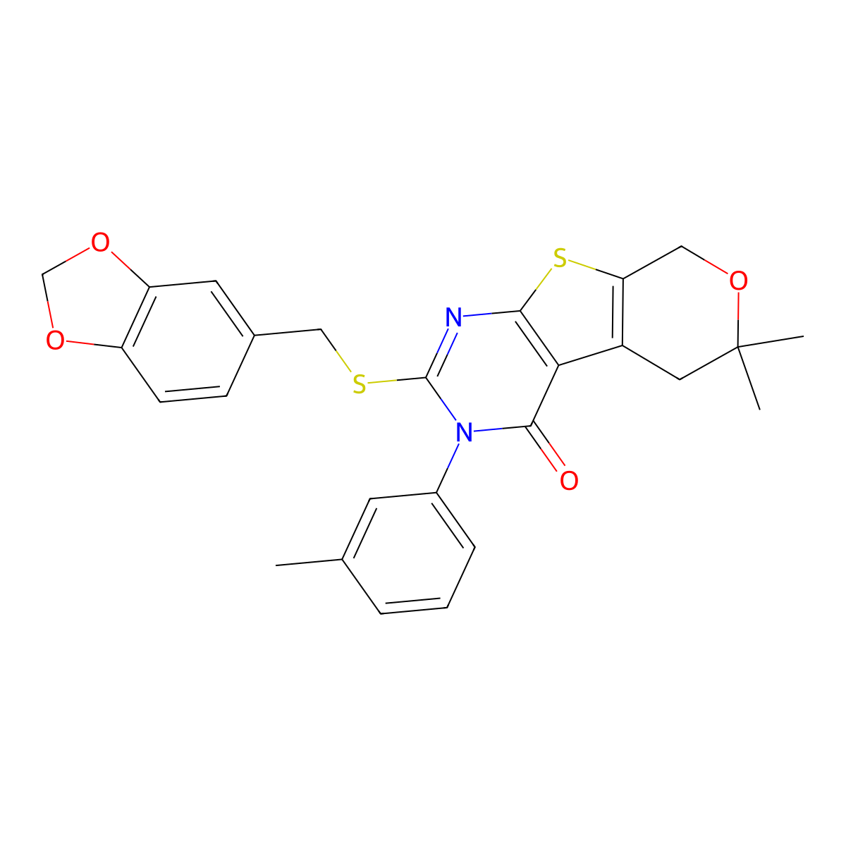 2-[(1,3-benzodioxol-5-ylmethyl)sulfanyl]-6,6-dimethyl-3-(3-methylphenyl)-3,5,6,8-tetrahydro-4H-pyrano[4',3':4,5]thieno[2,3-d]pyrimidin-4-one molecular structure, CAS 370575-74-9