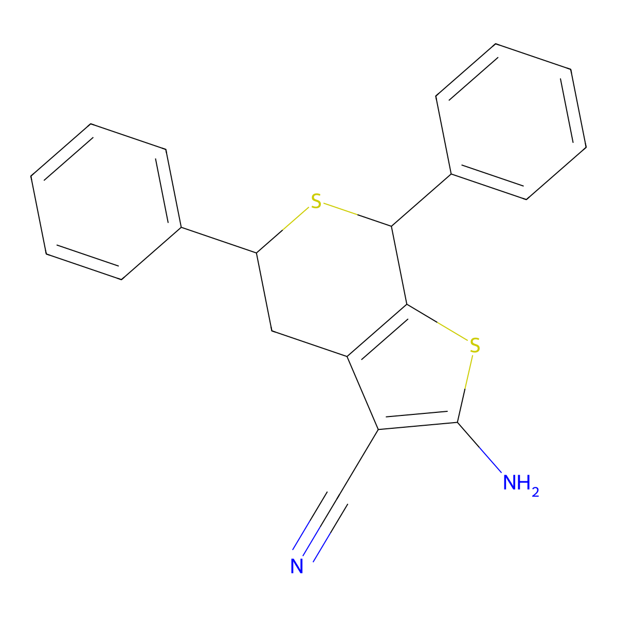 2-amino-5,7-diphenyl-5,7-dihydro-4H-thieno[2,3-c]thiopyran-3-carbonitrile molecular structure, CAS 370576-19-5