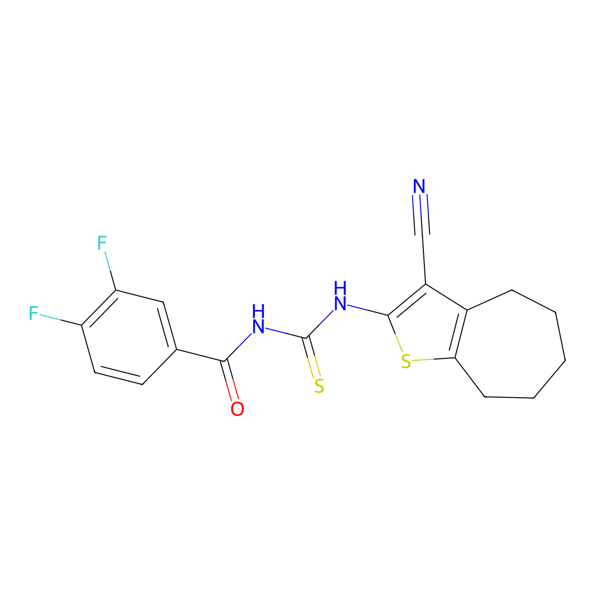 N-[(3-cyano-5,6,7,8-tetrahydro-4H-cyclohepta[b]thiophen-2-yl)carbamothioyl]-3,4-difluorobenzamide molecular structure, CAS 370576-86-6