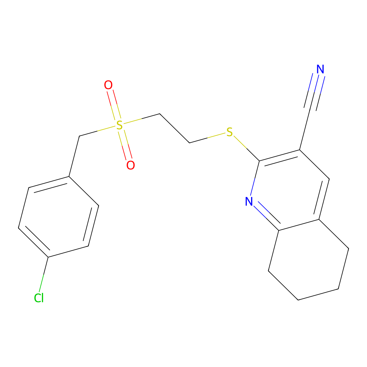 2-[2-[(4-Chlorophenyl)methylsulfonyl]ethylsulfanyl]-5,6,7,8-tetrahydroquinoline-3-carbonitrile molecular structure, CAS 370576-92-4