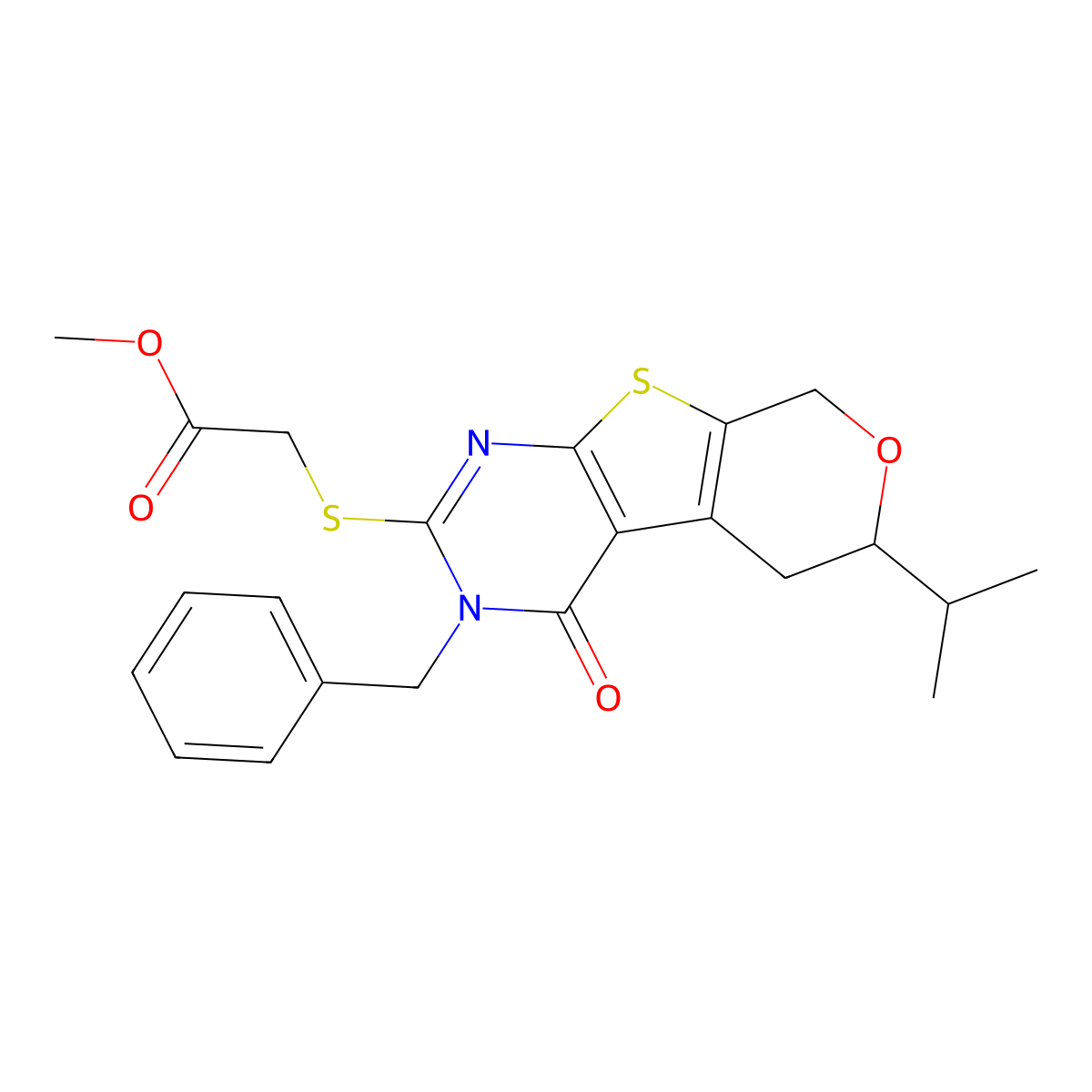 methyl 2-[(3-benzyl-4-oxo-6-propan-2-yl-6,8-dihydro-5H-pyrano[2,3]thieno[2,4-b]pyrimidin-2-yl)sulfanyl]acetate molecular structure, CAS 370577-15-4