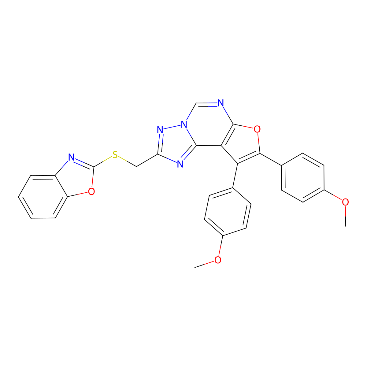2-[(1,3-Benzoxazol-2-ylsulfanyl)methyl]-8,9-bis(4-methoxyphenyl)furo[3,2-e][1,2,4]triazolo[1,5-c]pyrimidine molecular structure, CAS 370577-18-7